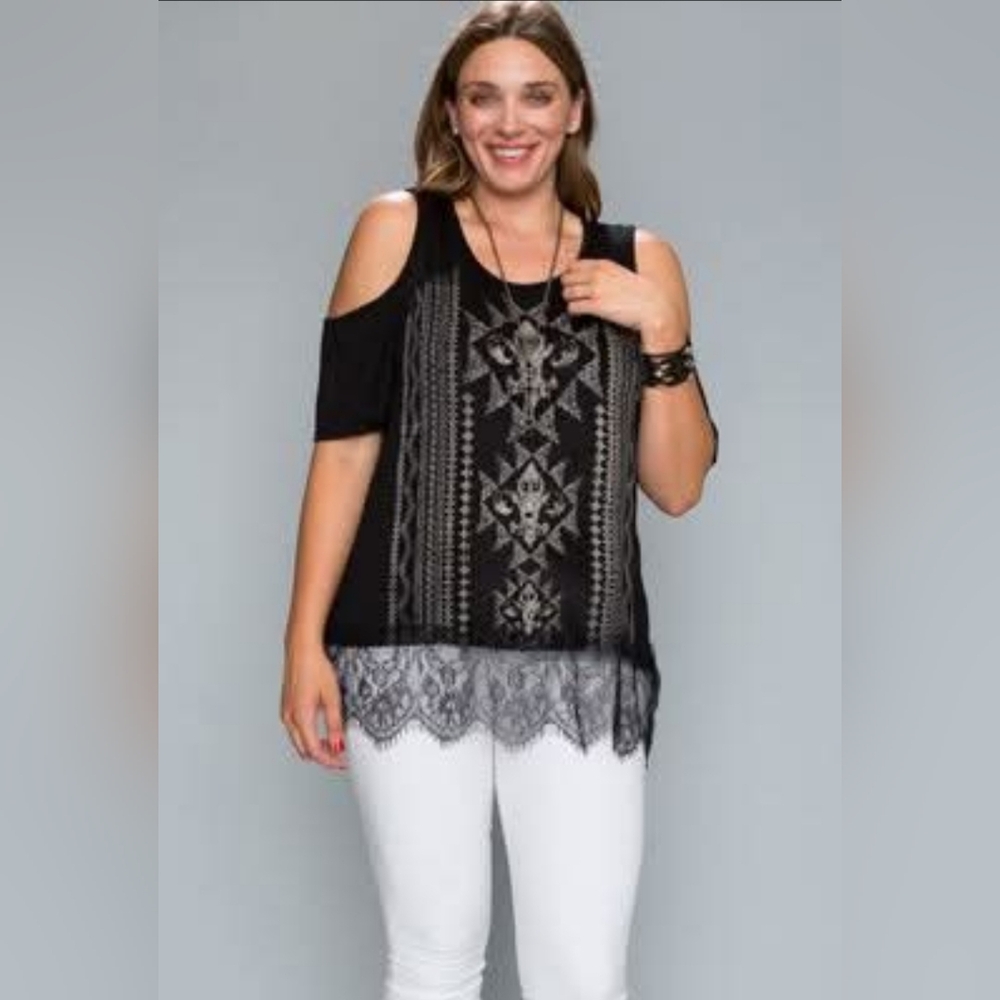 New! Vocal Black Graphic Embellished Cold Shoulder Top with Lace Detail